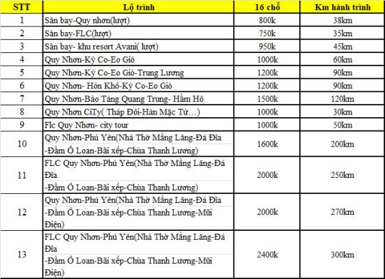 Bảng giá thuê xe 16 chỗ Quy Nhơn